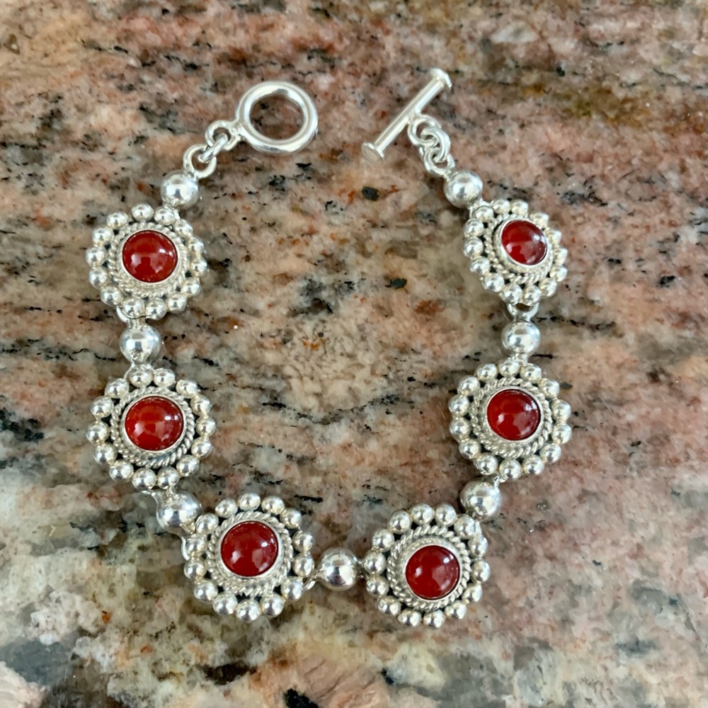 Taxco Sterling silver carnelian Mexico bracelet orange red gemstone bead balls